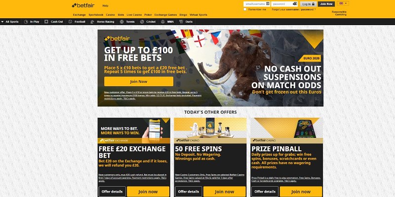 Betfair domovská stránka